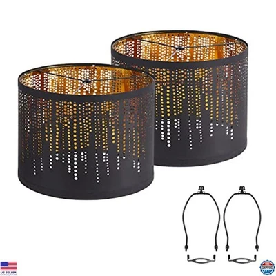 Elegant Black Drum Lampshades Set of 2, 12.7" x 10", Crystal Design with Harp - Image 1 of 4