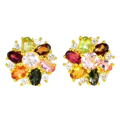 НАТУРАЛЬНЫЙ AAA МНОГОЦВЕТНЫЙ ТУРМАЛИН ОВАЛЬНЫЙ И БЕЛЫЙ CZ СЕРЕБРО 925 СЕРЬГИ - Изображение 1 из 4