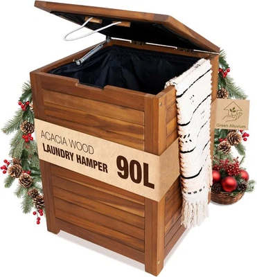 90L Solid Wood Laundry Hamper with Lid Large Brown Basket Removable Liner Bag - Image 1 of 4