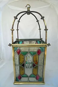 Victorian Stained Glass Ceiling / Hall Lantern Shade Brass Framed - Picture 1 of 10