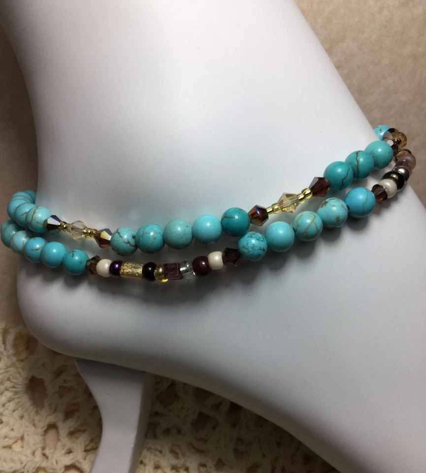 2 Healing Turquoise Gemstone Anklets/Ankle Bracelets W/Swarovski Elements USA - Image 1 of 2