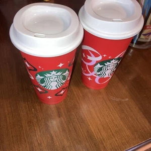 Starbucks Holiday Red Cups Christmas (16 oz) Reusable Hot Cup Set Of 2 - Picture 1 of 5