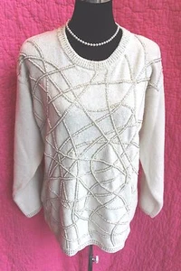VICTORIA HARBOUR VTG Winter White Sweater Sz M Pearls Beads Embellished Cotton - Picture 1 of 4