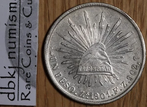 1901 Zs FZ Mexico - 1 Peso Cap & Rays - Silver - KM409.3 - AU About Uncirculated - Picture 1 of 3