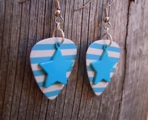 Light Blue Star Charm on Striped Guitar Pick Earrings - Picture 1 of 1