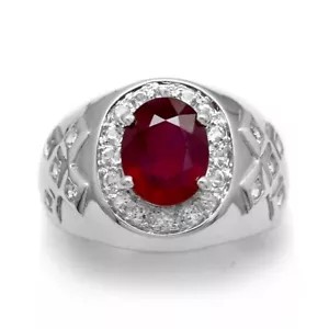10x8mm Natural Rich Red Ruby Man Ring With White Topaz in 925 Sterling Silver - Picture 1 of 2