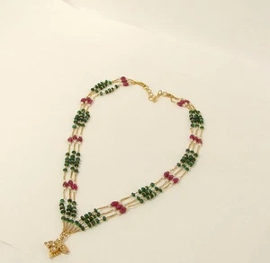 22K GOLD DIAMOND RUBY EMERALD PEARL NECKLACE CHOKER KDM - Picture 1 of 4