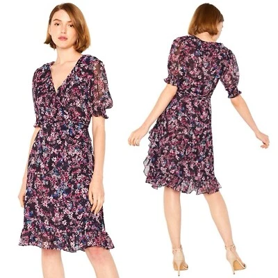 Vestido MISA Los Angeles Solenn Envolvente Talla XS X-Pequeño Floral Volantes Midi Manga Abullonada Foto 1 de 4