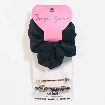 NEW 3 Pieces Scunci XO Morgan Simianer Black Satin Scrunchie Barrette Bobby Pin - Image 1 of 4