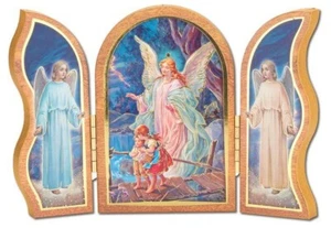Tríptico de madera de pie ángel de la guarda con niños NUEVO fe católica - Imagen 1 de 1