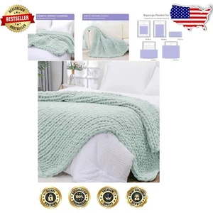 Soft Jumbo Chunky Knit Throw Blanket 40x80 - Hand Knitted Chenille in Mint - Picture 1 of 10