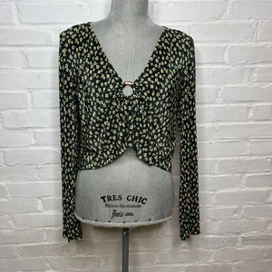 EUC Urban Outfiters UO Long Sleeve Crop Top Green Yellow Floral Pleated Size L - Picture 1 of 8