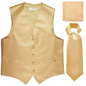 New Men's Solid Tuxedo Vest Waistcoat & Ascot Cravat Set Beige Wedding formal - Picture 1 of 4