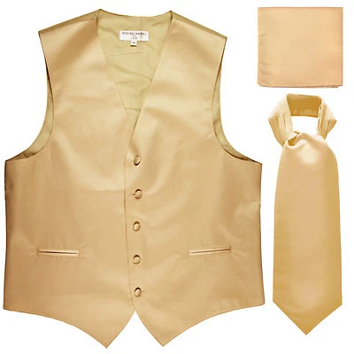New Men's Solid Tuxedo Vest Waistcoat & Ascot Cravat Set Beige Wedding formal - Image 1 of 4