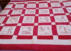 Vintage Red And White Embroidered Bible Scenes Quilt (63" x 54") - Picture 1 of 12