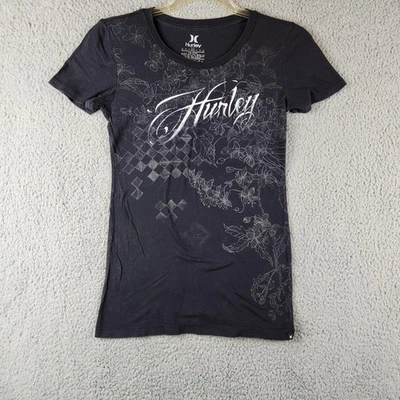 Hurley Shirt Womens Medium Black Floral Graphic Script Tee Cotton Crewneck Slim - Image 1 of 4