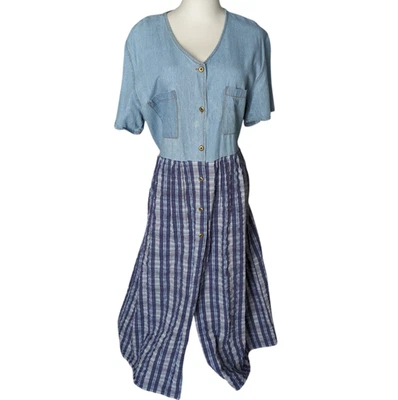 Vestido midi vintage anos 90 denim e azul marinho xadrez algodão gola V manga curta tamanho 16 - Imagem 1 de 4