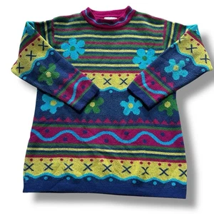 Maglione maglia Benetton vintage anni 80 90 verde giallo margherita colori uniti - Foto 1 di 5