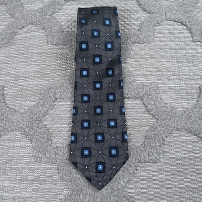 Vintage Hickey Freeman Tie Dark Grey/Blue Jacquard Medallion Made In USA Silk - Image 1 of 4