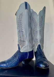 Vintage Größe 9,5 HOCH Tony Lama Cowboy Cowgirl Stiefel Blue Lizard hellblau Leder - Bild 1 von 6