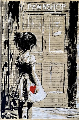 Arte de pared contemporáneo "Pawnshop" niña con corazón acrílico en páginas de libro 43"x28" Foto 1 de 4
