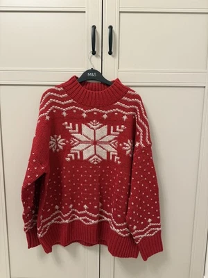 FAT FACE WOMEN SNOWFLAKE CHRISTMAS JUMPER WINTER WOOL RED UK 20 / EUR 48 - Image 1 of 4