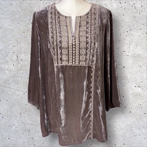 J Jill Womens Embroidered Velvet Velour Tunic Top Boho Mocha Brown Taupe Medium - Picture 1 of 12