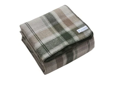Manta reversible de lana australiana premium de lujo - cuadros verde oliva Foto 1 de 4