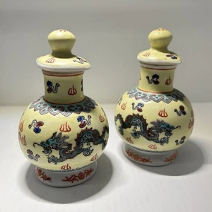 Chinese Dragon Mun Sau Yellow Sauce Dishes x2 – Vintage Asian Tableware - Picture 1 of 16