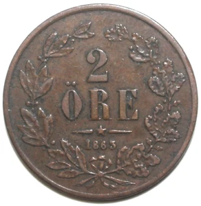 Swedish 2 Öre Coin 1863 KM# 706 Sweden King Carl XV Two Ore - Picture 1 of 2