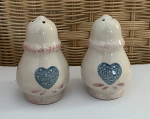 Vintage Stoneware Salt & Pepper Shakers w Blue Heart Design • Farmhouse Decor - Picture 1 of 5