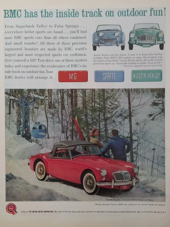 1961 vintage British Motor Corporation automobile print ad.  Red MG Roadmaster. - Image 1 of 1