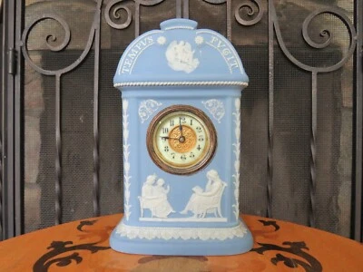 Wedgwood Sky Blue Jasperware Tempus Fugit Time Flies Father Time Clock (c.1890s) - Image 1 of 4