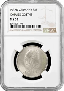 Weimar Republic 3 reichsmark 1932 D, NGC MS63, "100th Ann. - Death of Goethe" - Picture 1 of 2