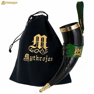 Wikinger Trinkhorn mit grünem Leder Gürtelholster Becher Wein Trinkgeschirr 350 ML - Bild 1 von 13