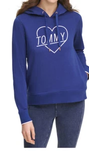 New Tommy Hilfiger Embroidered Heart Logo Hoodie cotton polyester deep blue top - Picture 1 of 3