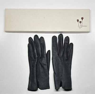 复古 Deerskin 黑色手套尺寸 6 1/2 带盒 Harris Dept。 加州商店 — 第 1/4 张图片