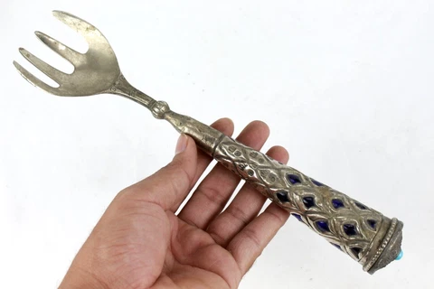 Old Antique Salad Serving Fork Unique Handmade Design Cobalt Blue Glass Fitted Cover