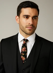 Rose Mens Black Floral Cotton 6CM Slim Skinny Tie NEW Pink Suit Designer Gift 83 - Picture 1 of 3