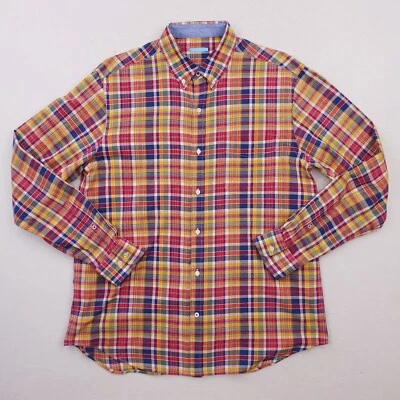 Camisa J Mclaughlin Para Hombres Mediana Azul Rojo Madrás A Cuadros Botones Colorida Preppy Foto 1 de 4