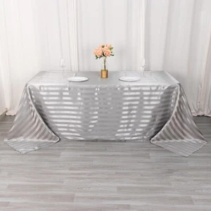 90"x132" SILVER Stripes Satin Rectangular TABLECLOTH Table Linen Party Event - Picture 1 of 8