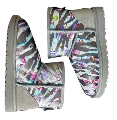 🌿UGG Boots Mini Tiger Stripe Flower Classic Silver Gray Sequin Sheepskin Sz 7🪻 - Image 1 of 4