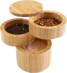 3 Tier Bamboo Kitchen Salt and Pepper Storage Box with Magnetic Swivel Lids - Picture 1 of 10