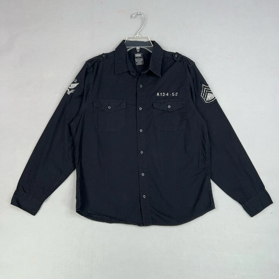 Camisa MMA Elite Para Hombres Grande Negra Gráfica Abotonada Militar Edgy Y2K Cyber Goth Foto 1 de 4