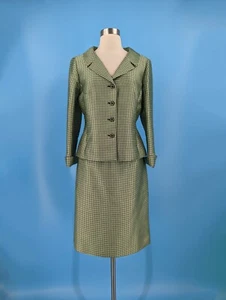 Rickie Freeman for Teri Jon 8 Green Black Houndstooth Silk Wool Skirt Suit Set - Picture 1 of 8