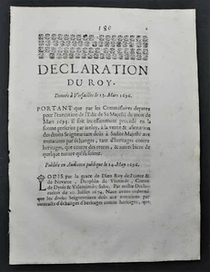 [Ancien Régime] DECLARATION DU ROY Vente & Aliénation Droits Seigneuriaux 1696 - Imagen 1 de 1