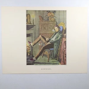 Single Man by Fireplace Smoking Currier & Ives Lithograph Reprint 11 3/4" x 13" - Imagen 1 de 4