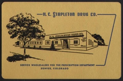 Tarjeta única de colección H C STAPLETON DRUG CO edificio dorado Denver Colorado Foto 1 de 2