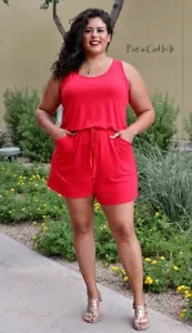 New PLUS SIZE Womens SOFT RUBY RED SLEEVELESS TANK ROMPER POCKETS 1X 2X 3X - Picture 1 of 8