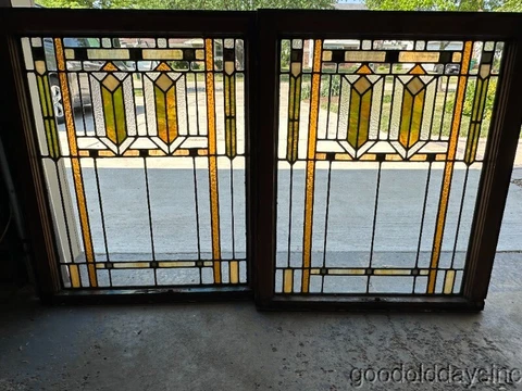 Pair of Antique Arts & Crafts Craftsman Stained Leaded Glass Windows  33" x 28" Cover